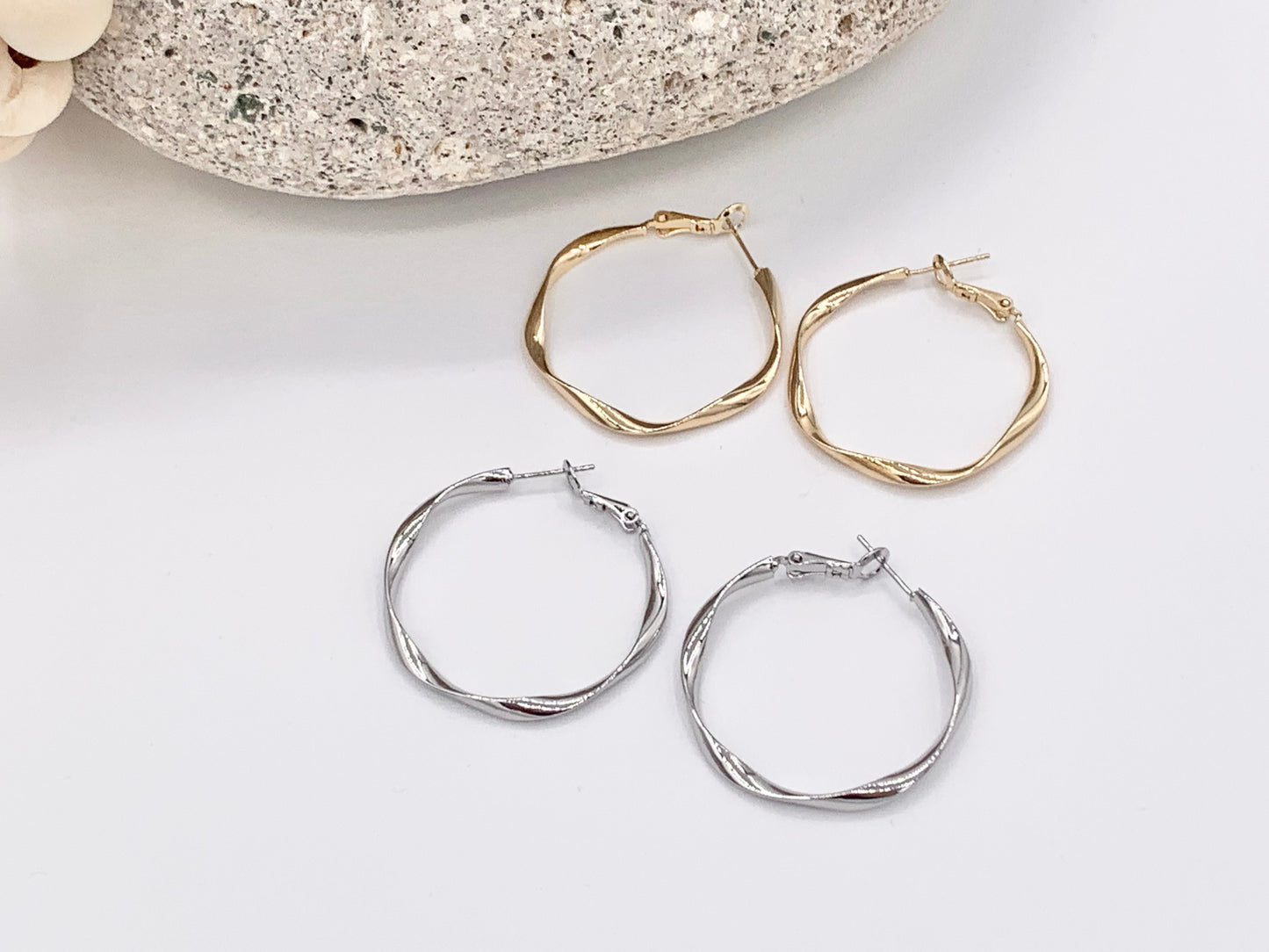 Gold Silver Wavy Ribboned Earring Hoops in 18K Gold or Silver Plated Twisted Ribbon Wavy Hoop Earring Over Copper 3 pairs