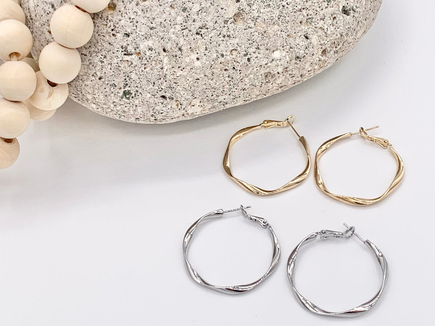 Gold Silver Wavy Ribboned Earring Hoops in 18K Gold or Silver Plated Twisted Ribbon Wavy Hoop Earring Over Copper 3 pairs