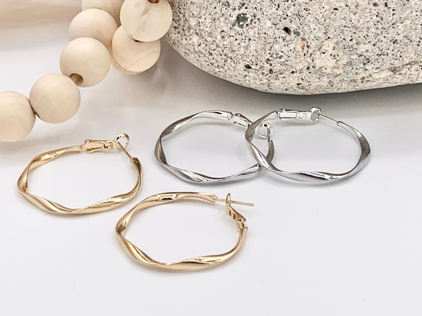 Gold Silver Wavy Ribboned Earring Hoops in 18K Gold or Silver Plated Twisted Ribbon Wavy Hoop Earring Over Copper 3 pairs