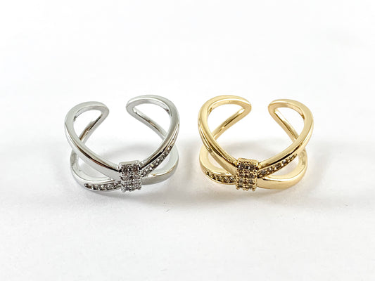 Real 18K Gold and Platinum Plated CZ Pave Adjustable Bow Tie Ring 4 pairs