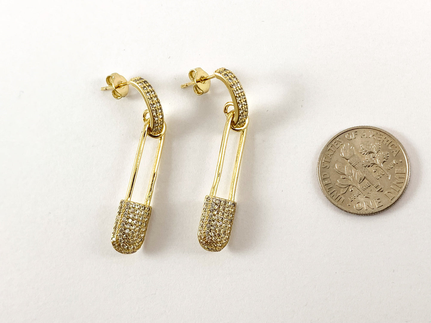 Real Gold/Platinum 18K Plated CZ Pave Safety Pin Dangle Earring 2pairs