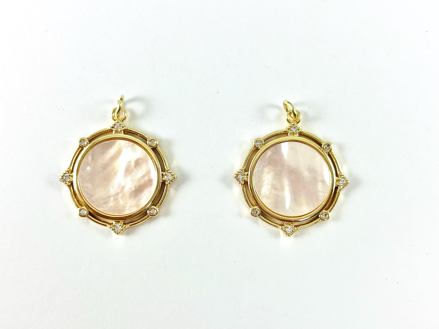 18K Real Gold Plated Micro CZ Pave White Lip Shell Circle Coin Charm Pendant Over Copper 6pcs