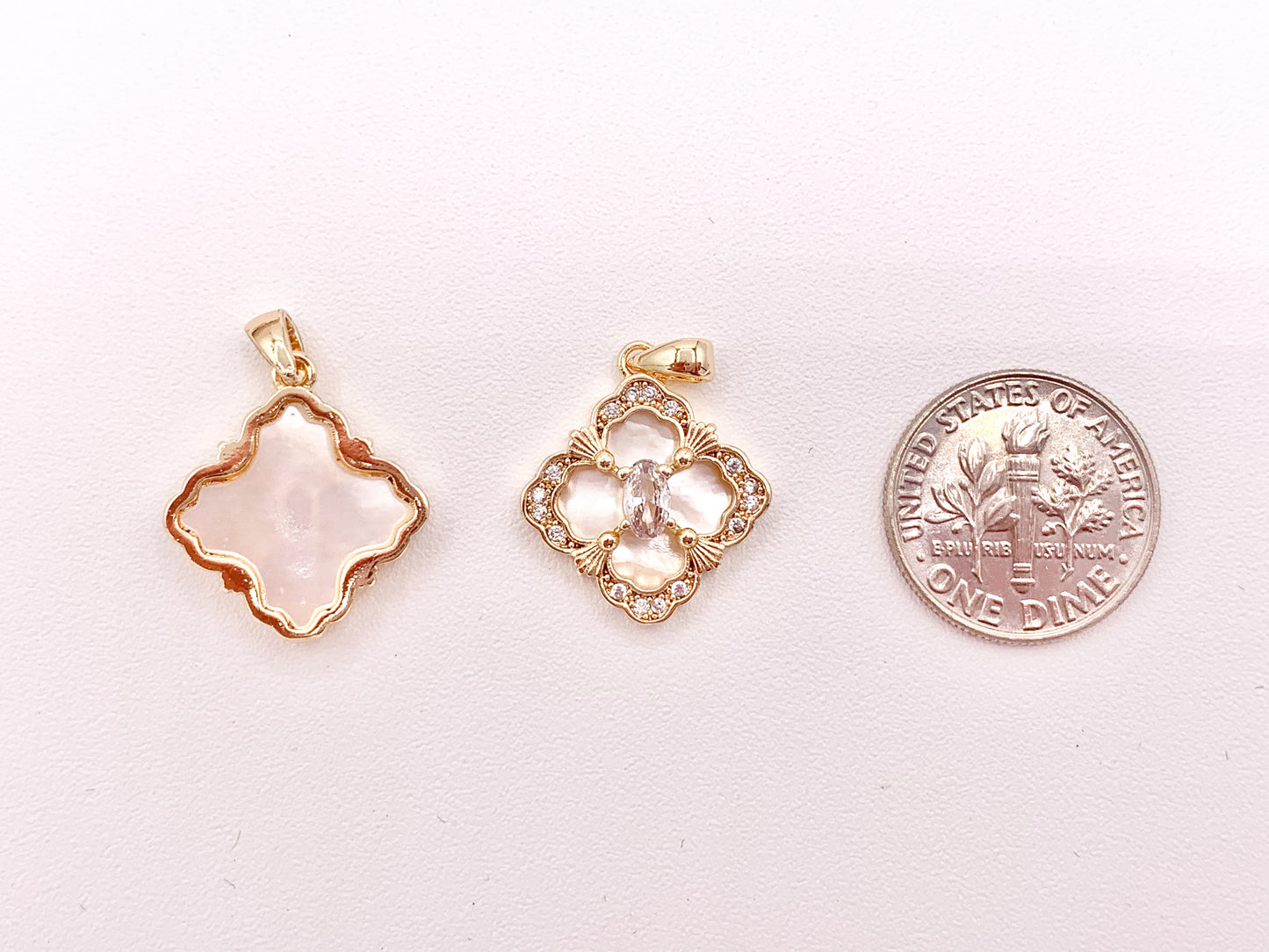 Stunning CZ Diamond Pearl White Lip Shell Clover Quatrefoil Pendants in 18K Gold plated Copper 6 pcs