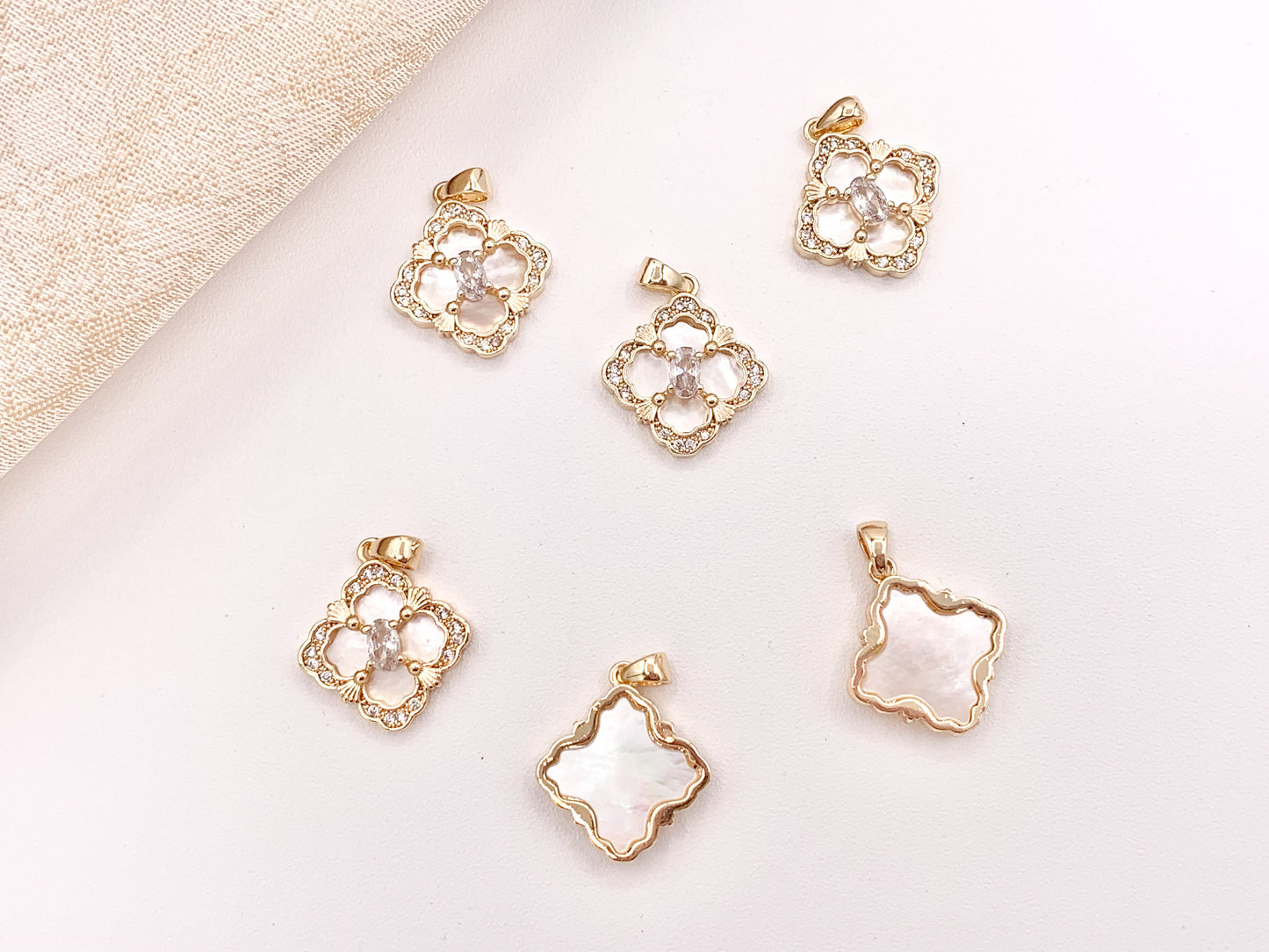 Stunning CZ Diamond Pearl White Lip Shell Clover Quatrefoil Pendants in 18K Gold plated Copper 6 pcs