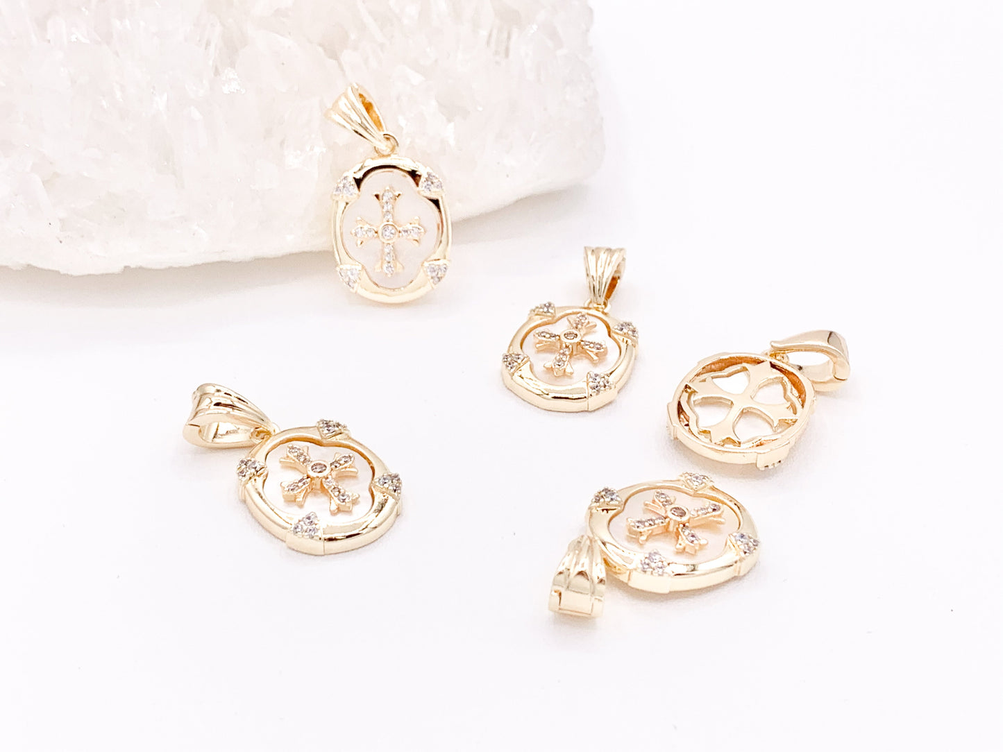 Religious Cross Oval Pendants with White Lip Shell Base CZ Pave Rhinestones in 18K Gold/Silver plated over Copper 5 pcs