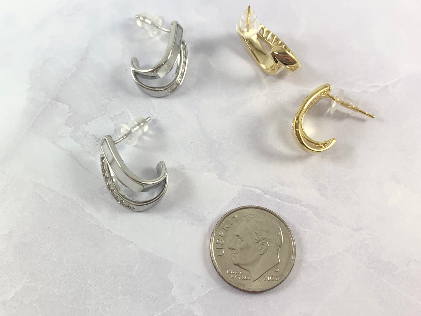 Real 18K Gold/Silver Plated CZ Pave Shell Curved Earrings Over Copper 3 pairs