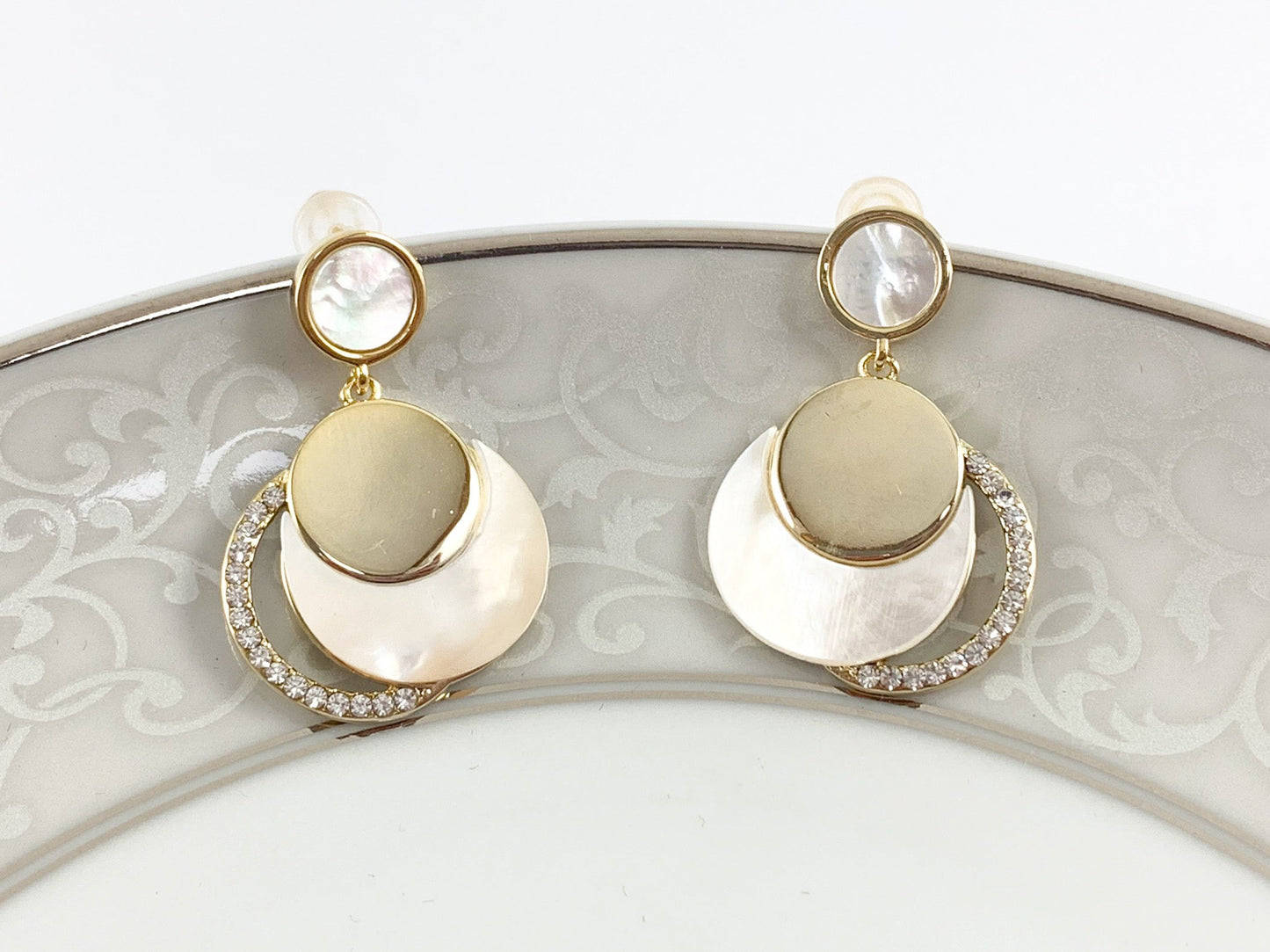 Elegant White Shell CZ Pave Dangle Earring in 18K Gold plated over Copper 2 pairs