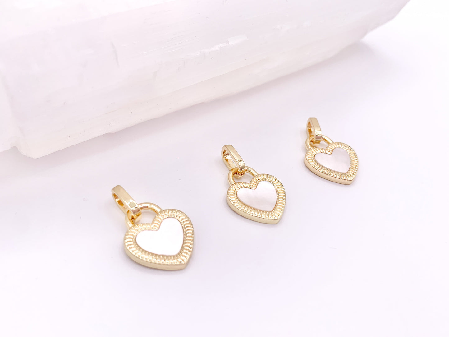 Gold Heart Charm Pendants in Red Enamel or White Shell in 18K Gold Plated Copper 6 pcs