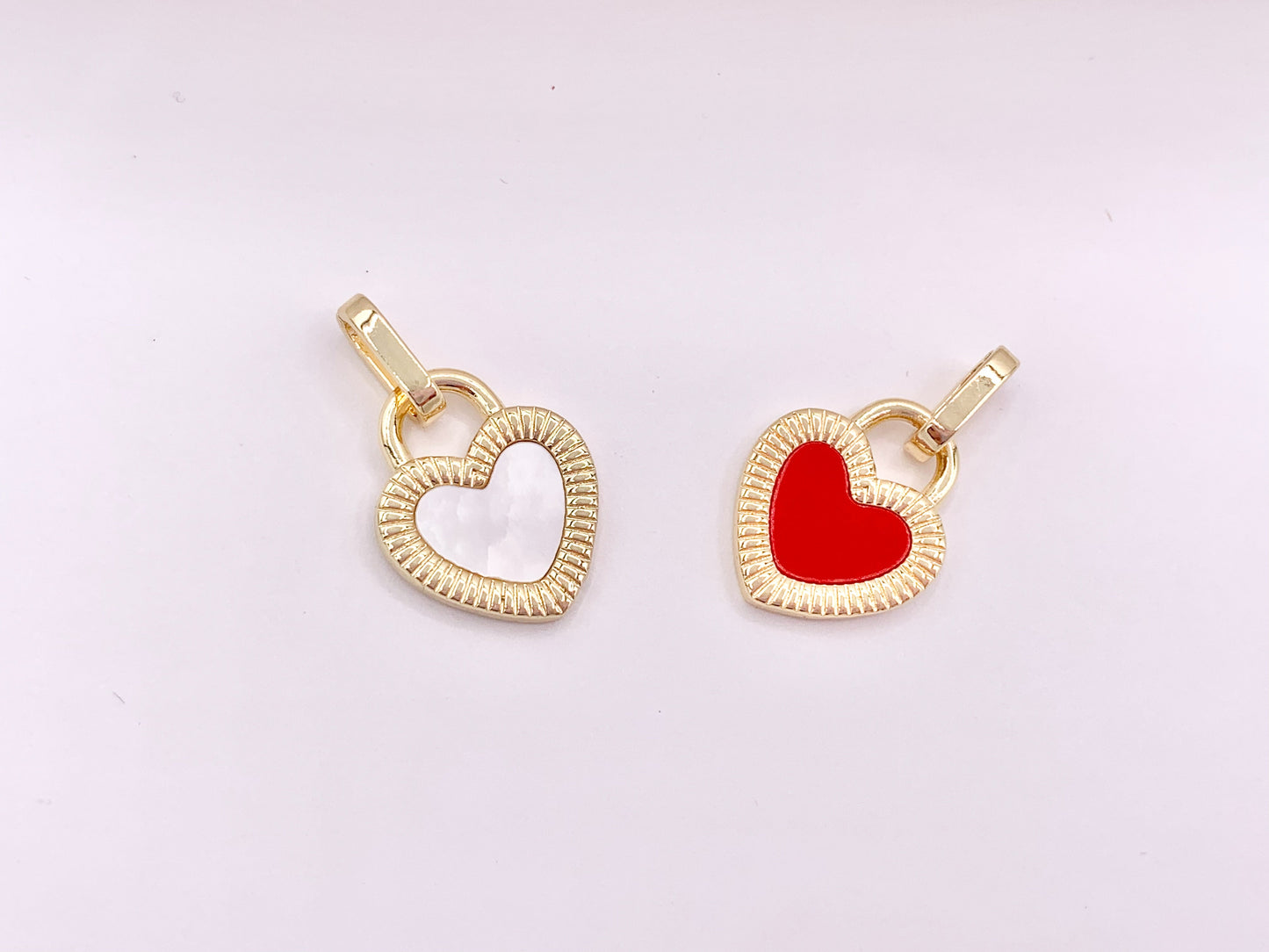 Gold Heart Charm Pendants in Red Enamel or White Shell in 18K Gold Plated Copper 6 pcs