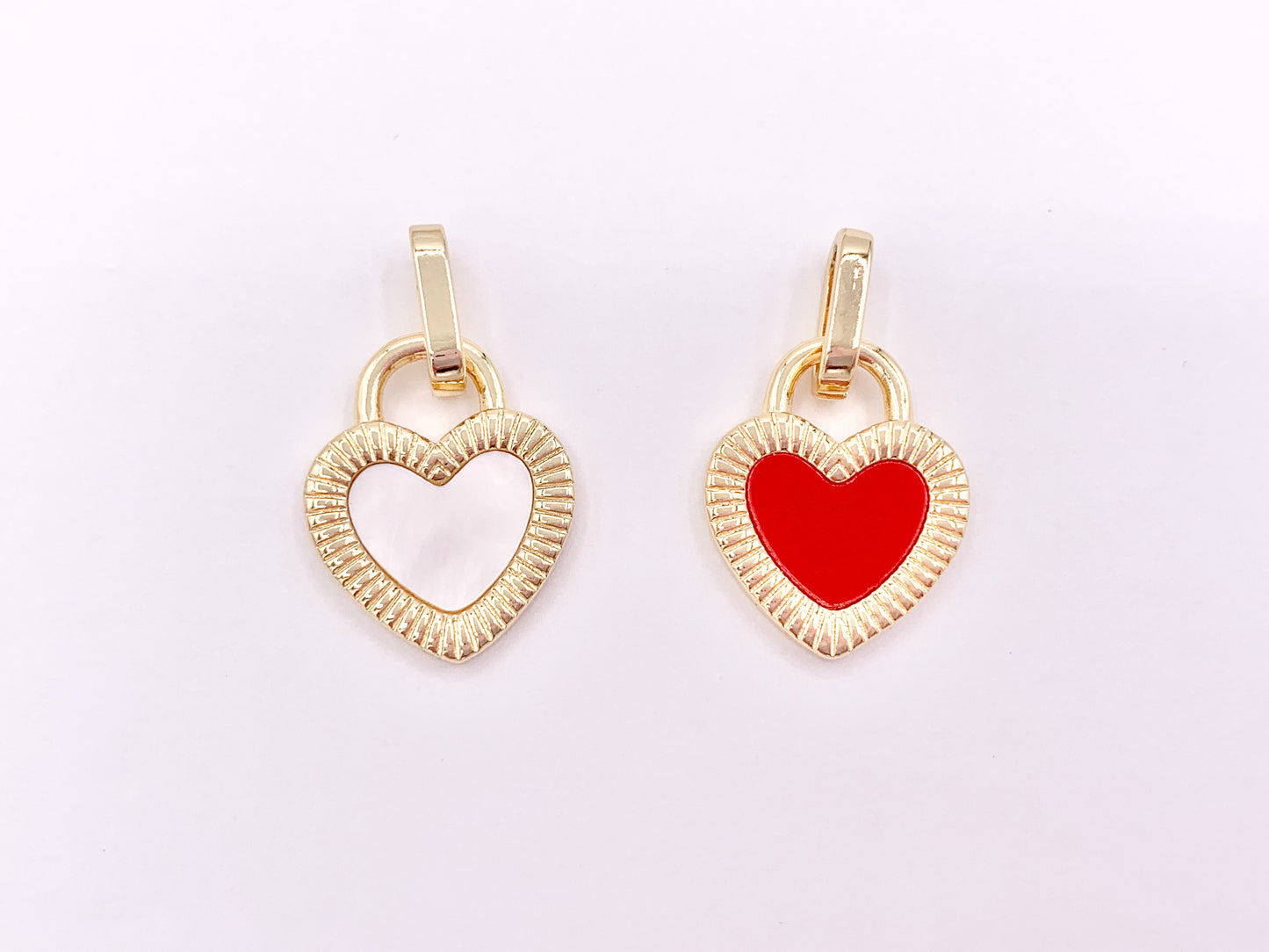 Gold Heart Charm Pendants in Red Enamel or White Shell in 18K Gold Plated Copper 6 pcs