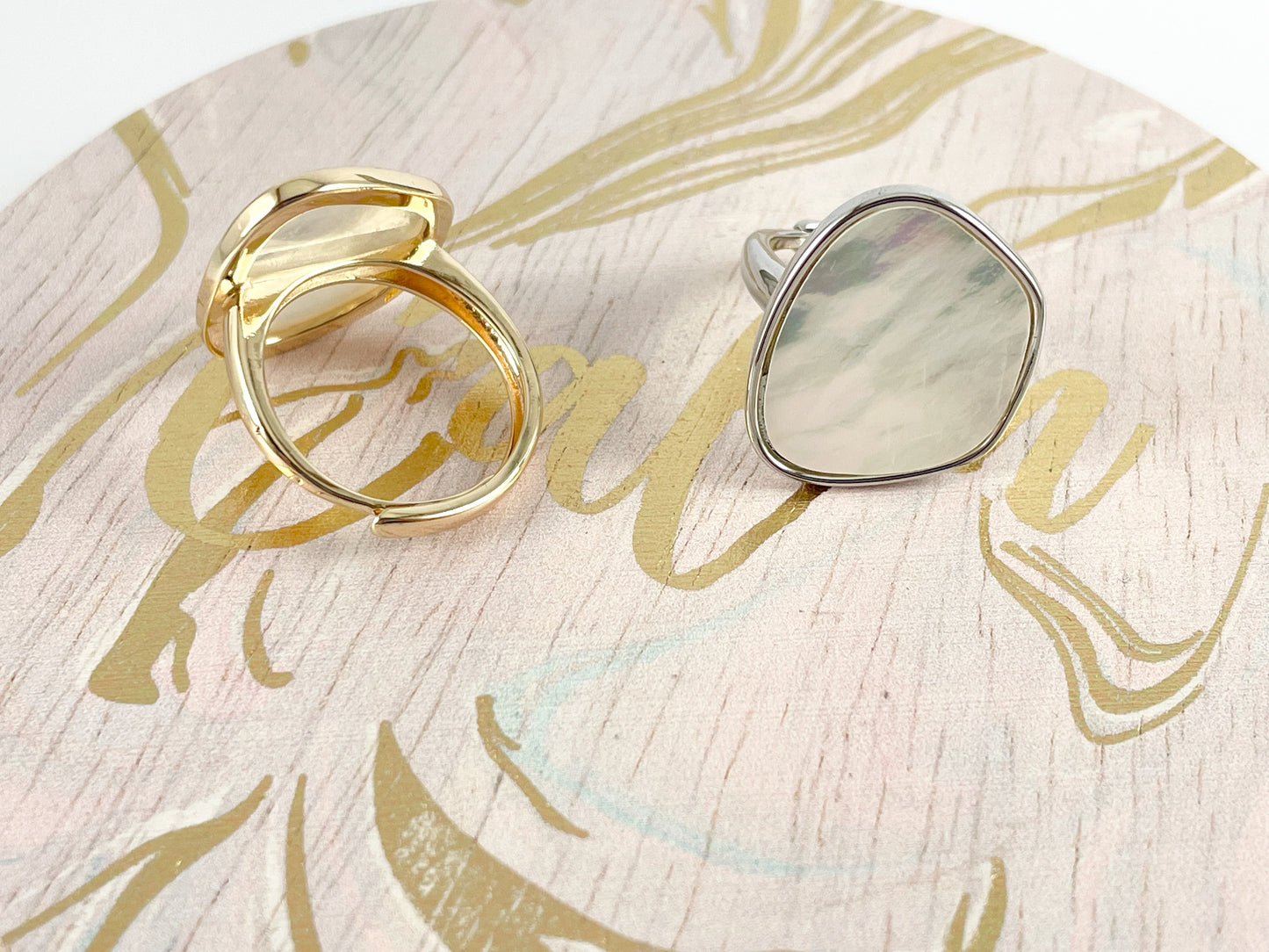 Real Gold/Platinum 18K Plated Copper White Lip Shell Bold Statement Ring 4pcs