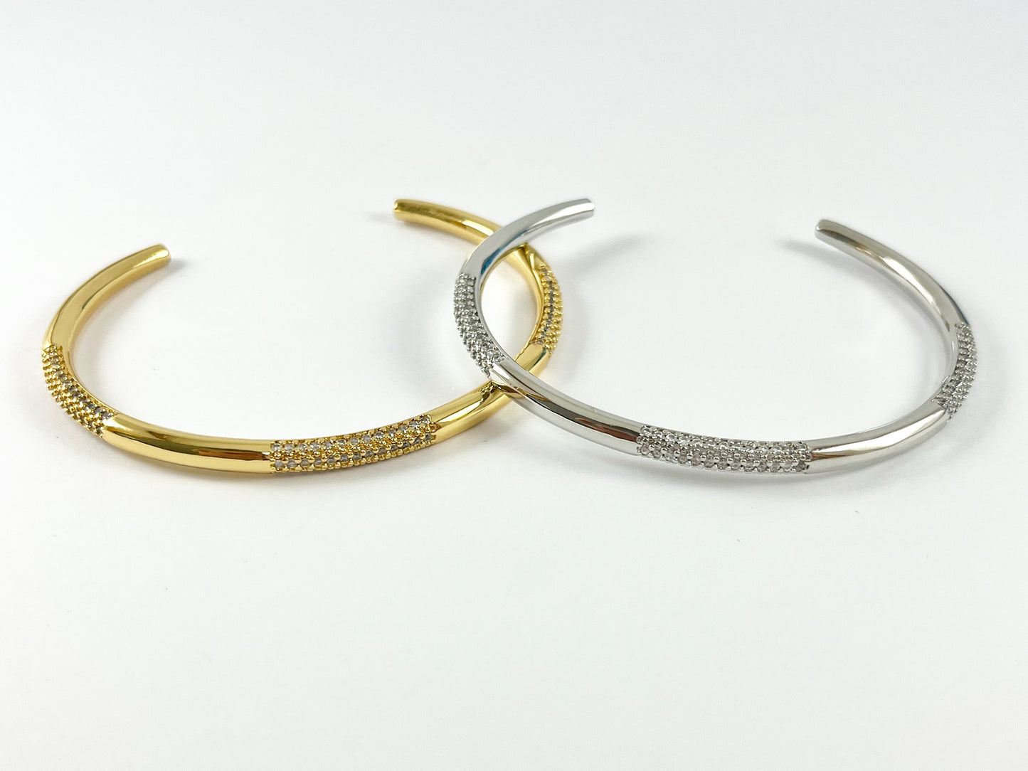 Real Gold/Platinum 18K Plated Copper CZ Pave Simple Minimal Rhinestone Bracelet Cuffs 1pc