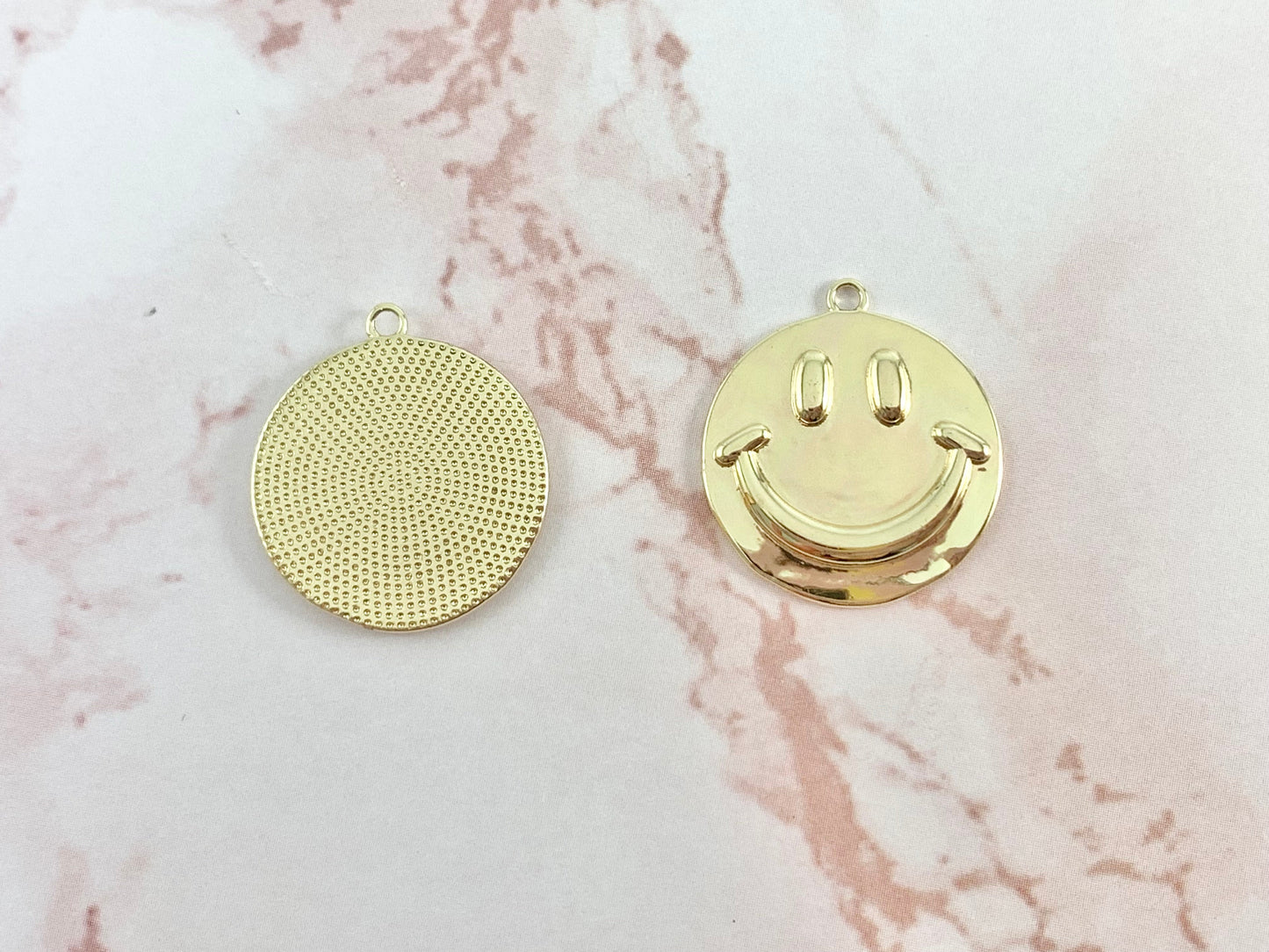 Smiley Face Circle Coin Charms 20mm in 18K Gold Plated Copper Findings 6 pcs
