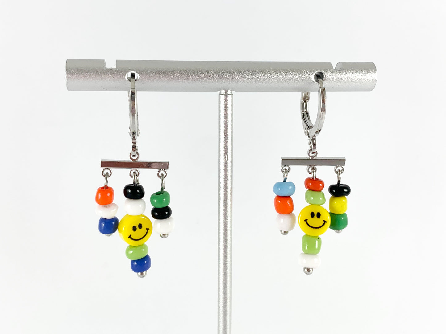 Cute Multi Smiley Face Seed Bead Dangle Earring Huggies in 18K gold or silver plating over copper 3 pairs