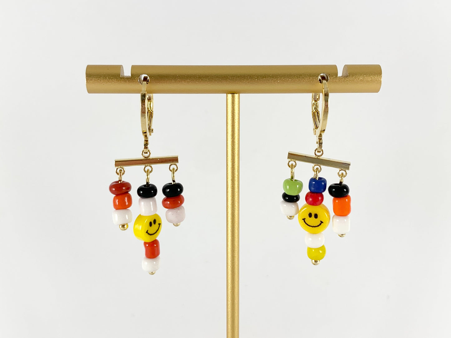 Cute Multi Smiley Face Seed Bead Dangle Earring Huggies in 18K gold or silver plating over copper 3 pairs