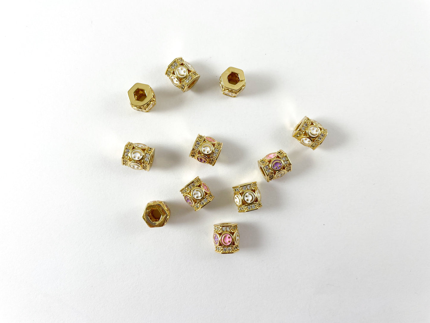 Pastel Smiley Beads -  Enamel CZ Pave Hexagon Spacer Component Beads Over Copper 6pcs