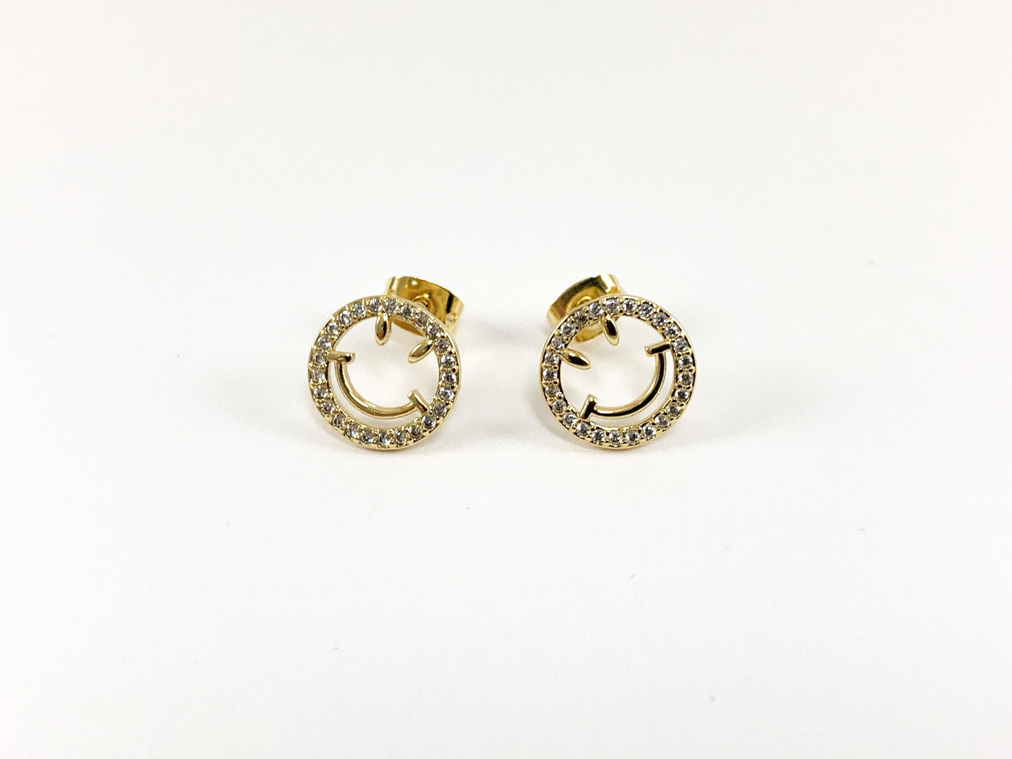 Real 18K Gold Plated CZ Pave Smiley Face Stud Earrings Over Brass 4 pairs