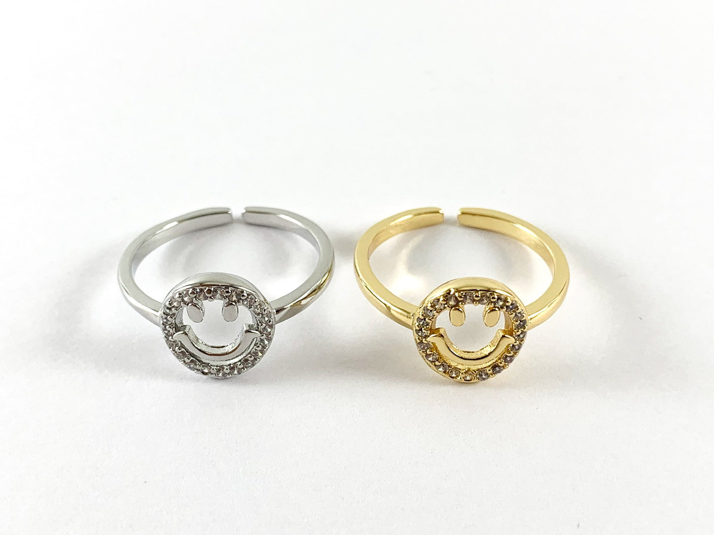 Real Gold / Platinum 18K Plated CZ Pave Adjustable Smiley Face Ring 4pcs