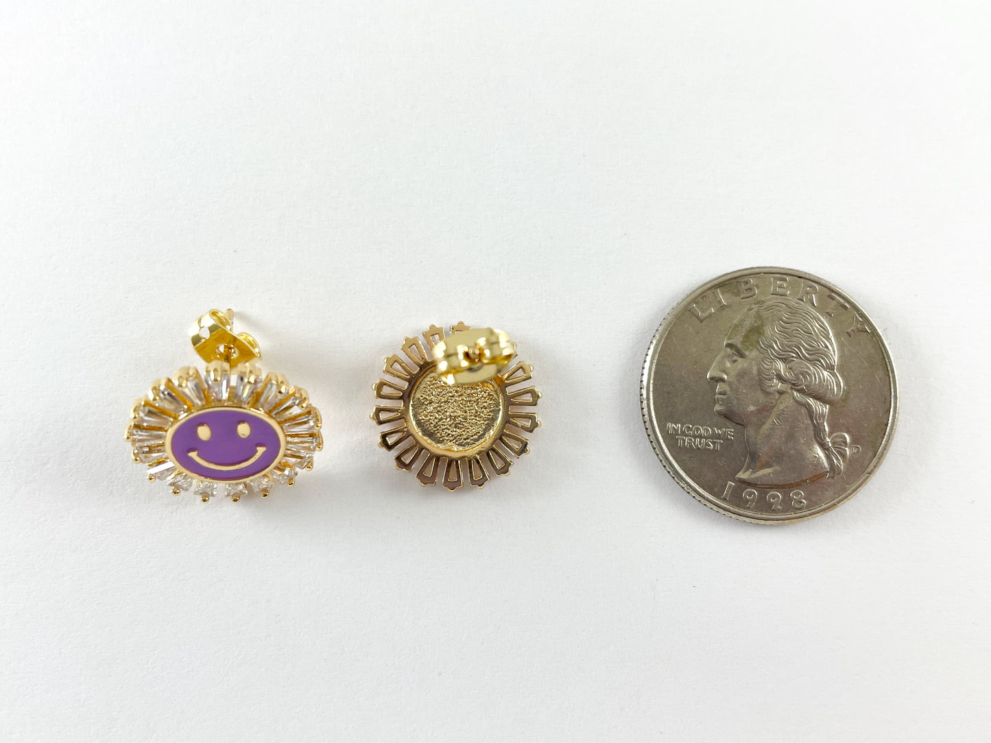 Real 18K Gold Plated CZ Pave Enamel Pastel Smiley Face Stud Earrings Over Brass 3pairs