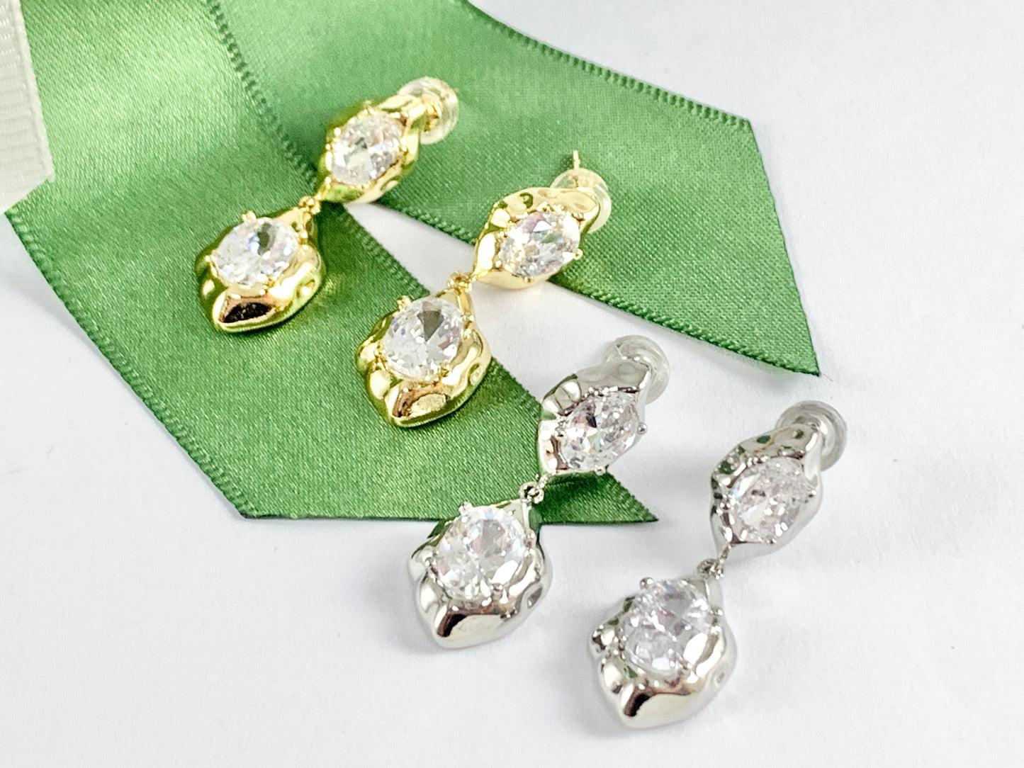 Dazzling Soldered Rhinestone Organic Drop Dangle Earrings in 18K Gold or Silver Plated Copper 3 pairs