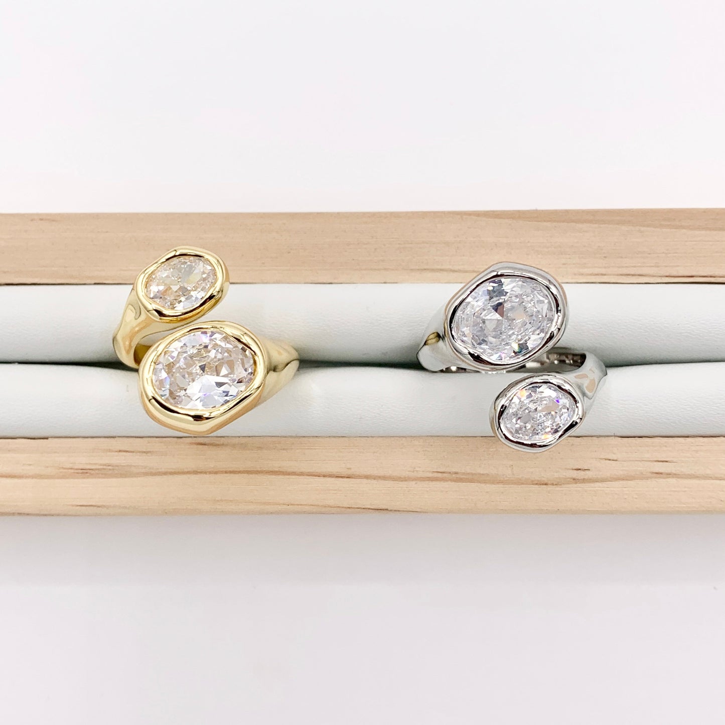 Beautiful Eye Catching Soldered Cubic Zirconia Bypass Adjustable Rings in 18K Gold and Silver Plated Copper 4 pcs
