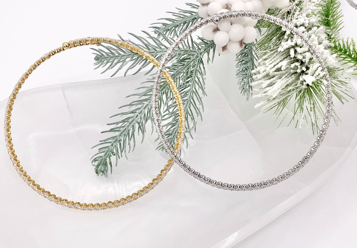 Solitaire Tennis Choker Flexible 18K Gold/Platinum Plated Minimalist Fancy Round Solitaire Tennis Choker 2 pcs