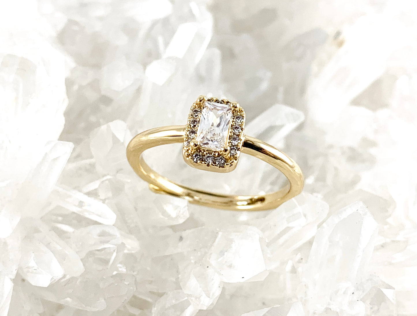 18K Real Gold Plated Rectangle CZ Pave Emerald Cut Solitaire Halo Pink Diamond Adjustable Ring 6pcs