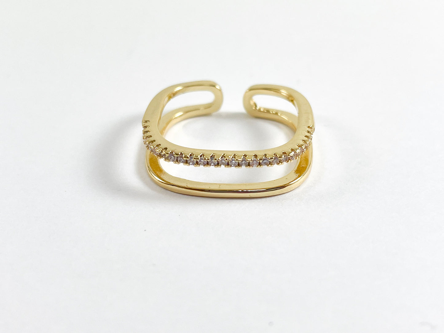 Real 18K Gold Plated CZ Pave Double Band Square Adjustable Ring 6pc
