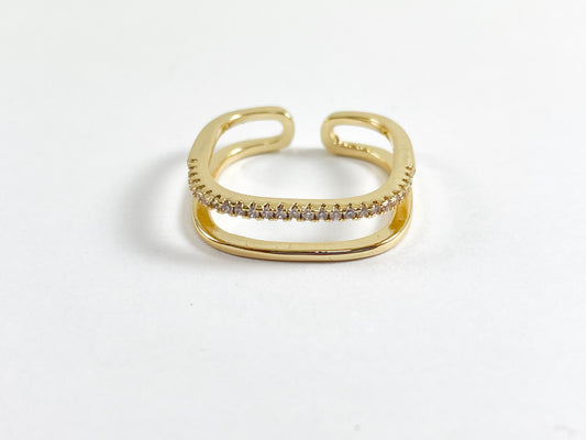 Real 18K Gold Plated CZ Pave Double Band Square Adjustable Ring 6pc