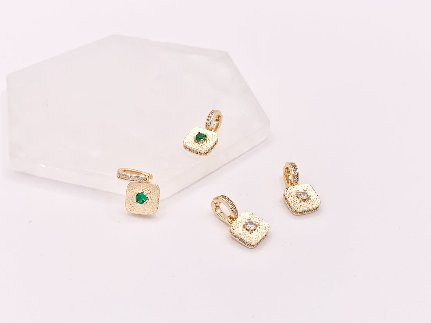 Dainty Emerald Diamond Rhinestone CZ Square Pendants with a Open Bail in 18K Gold plated Copper 6 pcs