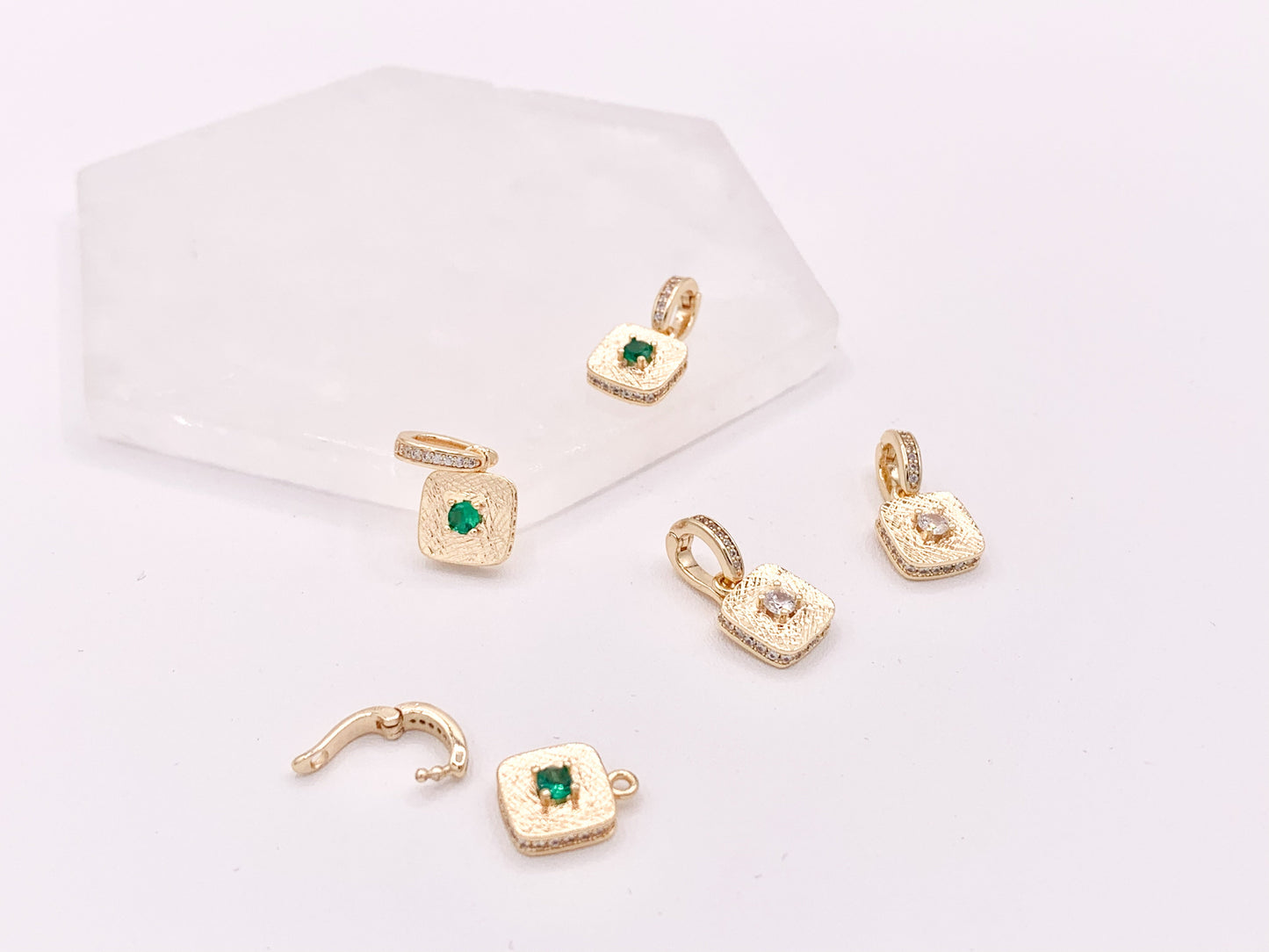 Dainty Emerald Diamond Rhinestone CZ Square Pendants with a Open Bail in 18K Gold plated Copper 6 pcs