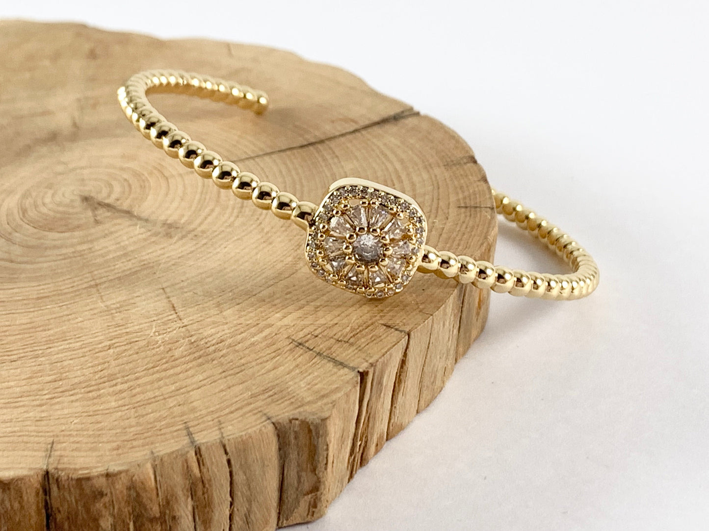 Real Gold 18K Plated Copper CZ Pave Square Dainty Adjustable Bracelet Cuffs 1 cuff