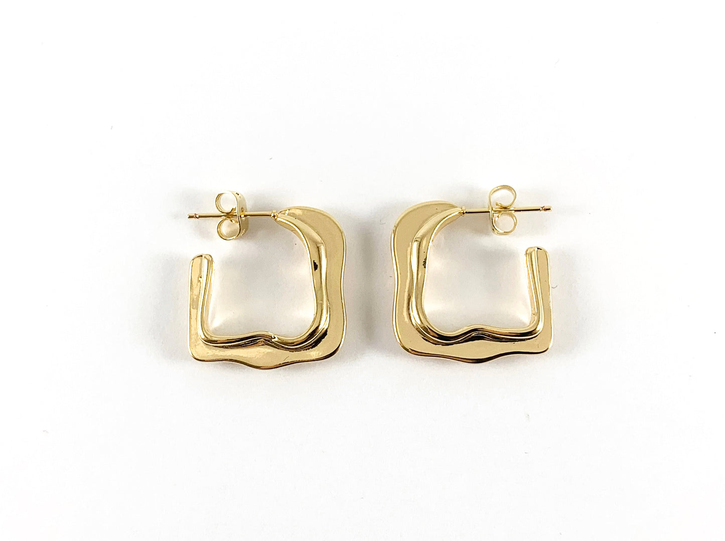 18K Real Gold/Platinum Plated Square Open Wavy Hoops Earrings 3 pairs