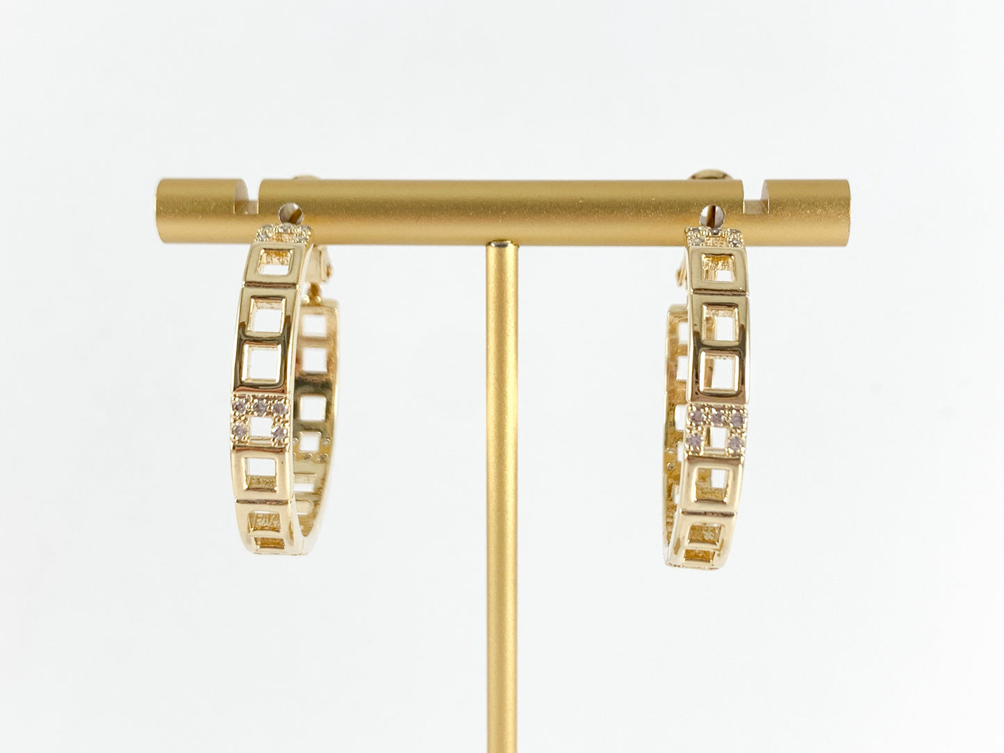 Square Link CZ Pave Hoops Earrings in 18k Gold or Silver plated Copper 2pairs