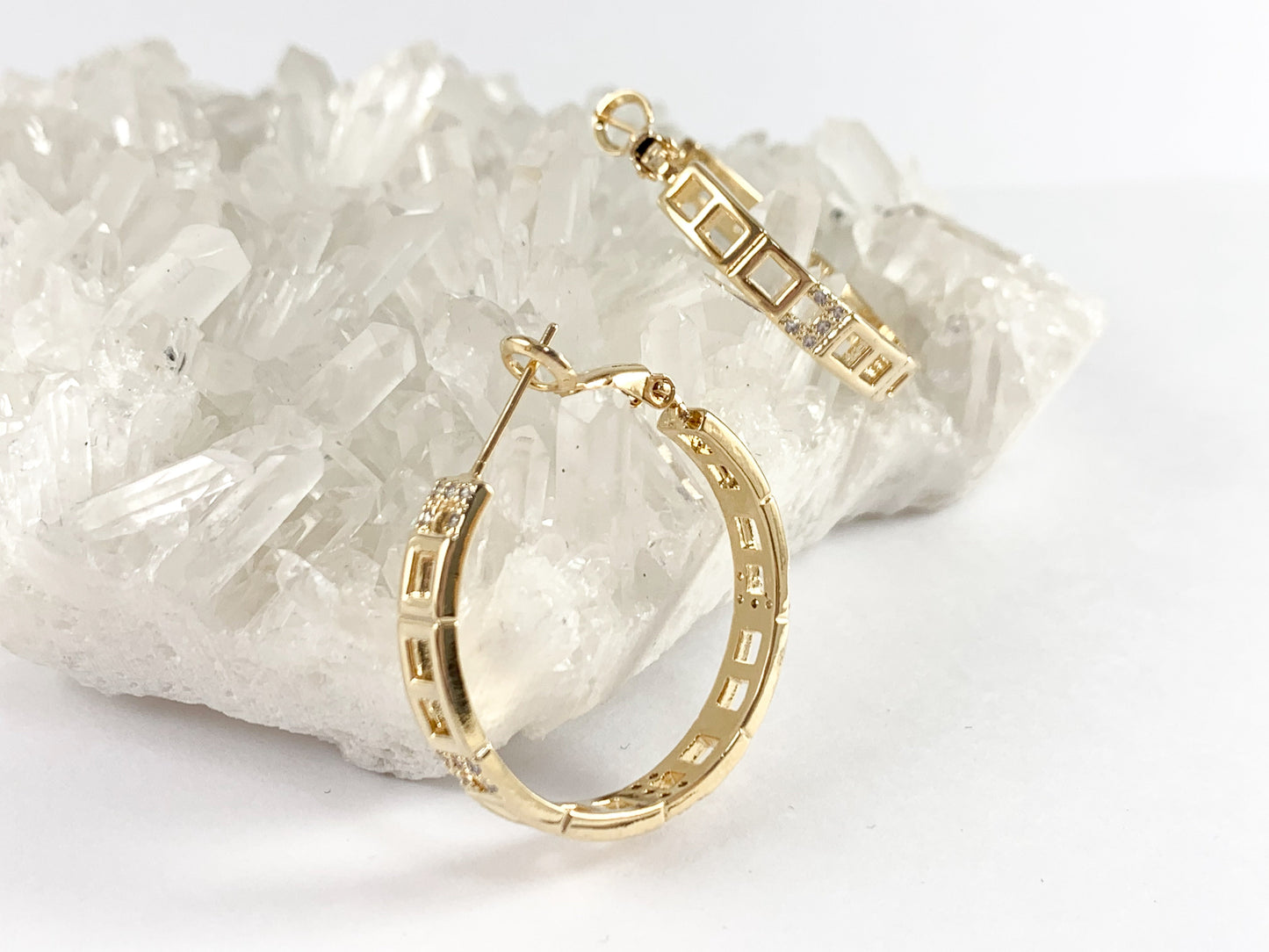 Square Link CZ Pave Hoops Earrings in 18k Gold or Silver plated Copper 2pairs