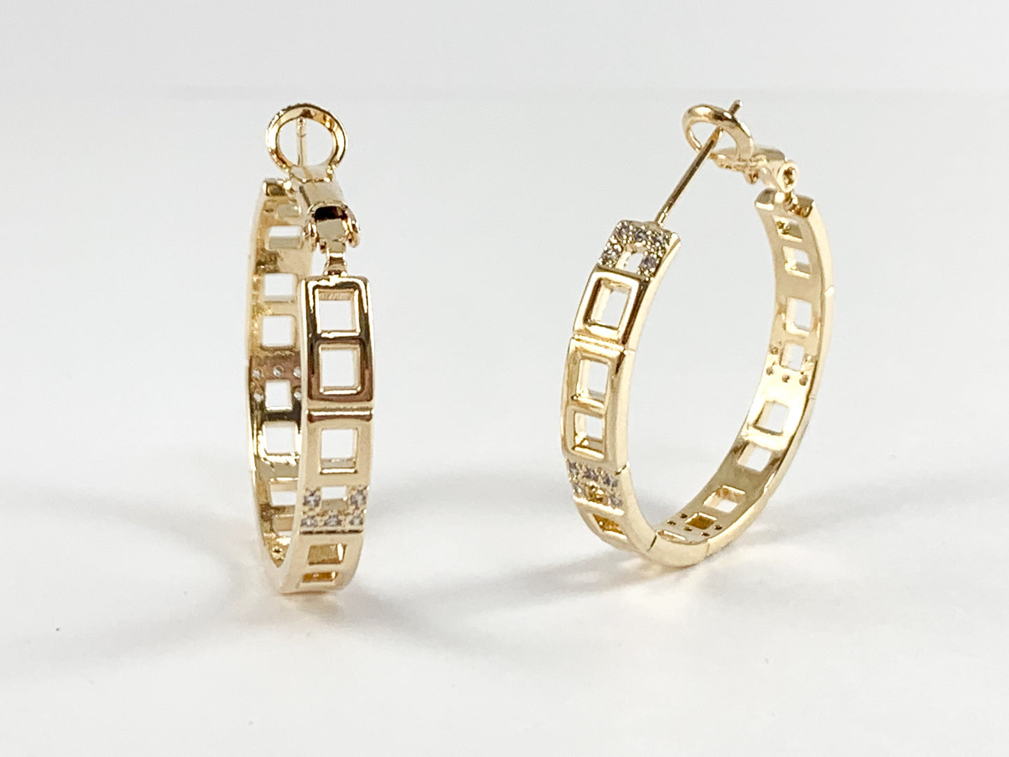 Square Link CZ Pave Hoops Earrings in 18k Gold or Silver plated Copper 2pairs