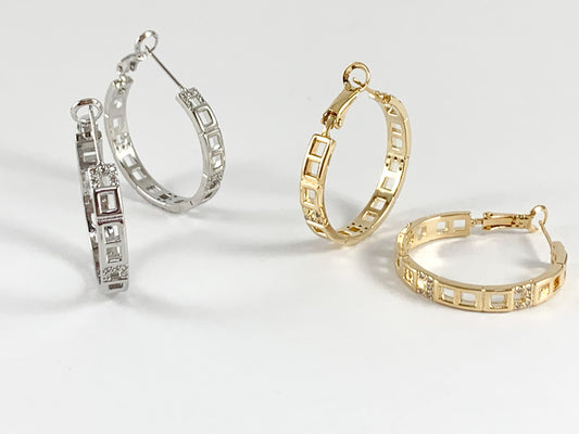 Square Link CZ Pave Hoops Earrings in 18k Gold or Silver plated Copper 2pairs