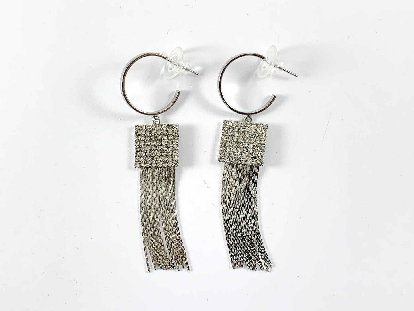 Real 18K Gold/Silver Plated CZ Pave Square Tassel Earring Over Copper 1 pair