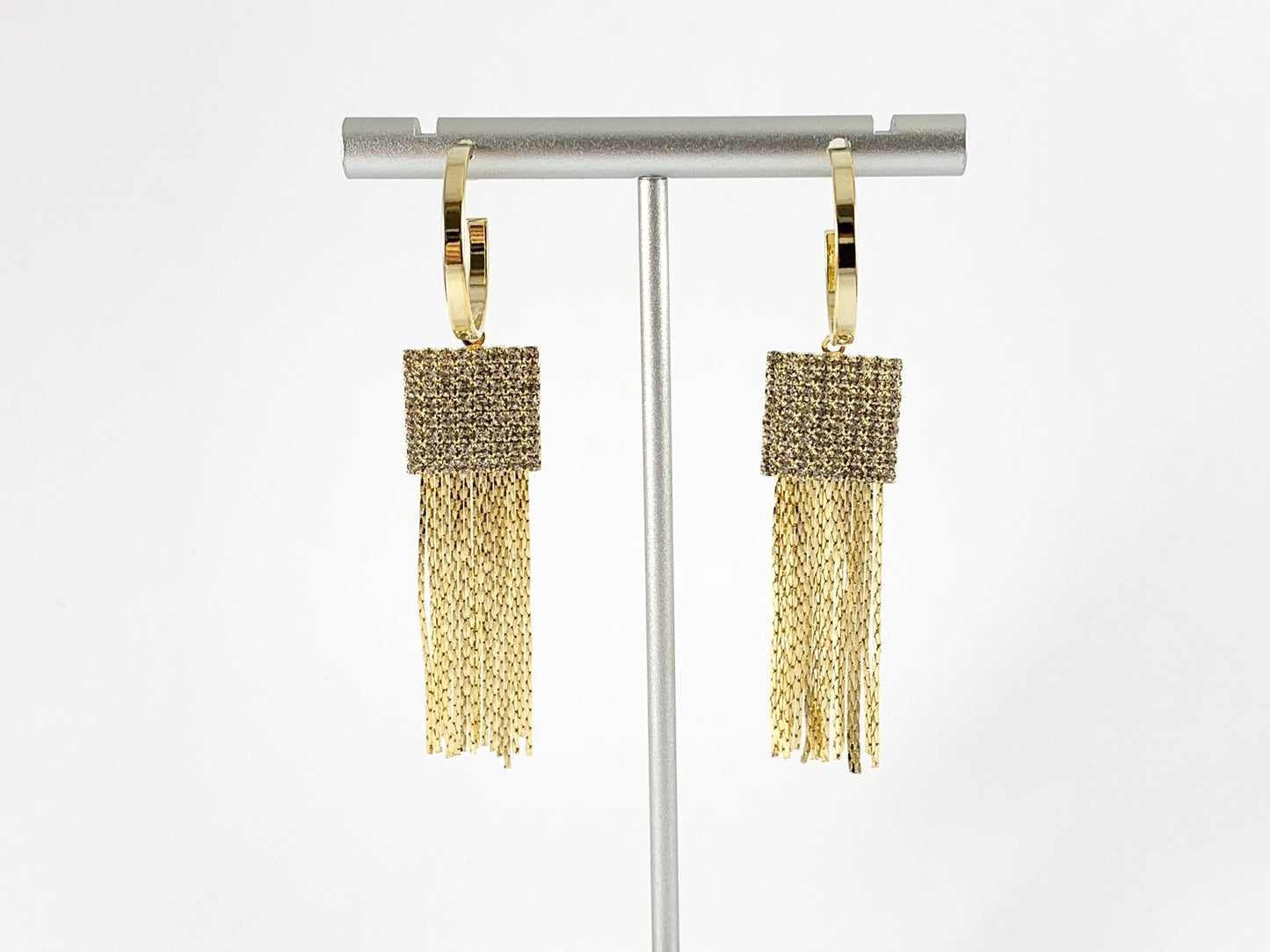 Real 18K Gold/Silver Plated CZ Pave Square Tassel Earring Over Copper 1 pair