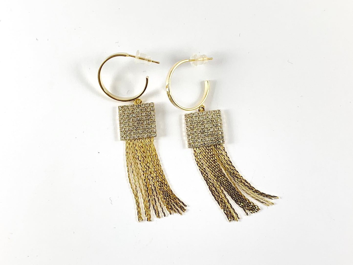 Real 18K Gold/Silver Plated CZ Pave Square Tassel Earring Over Copper 1 pair