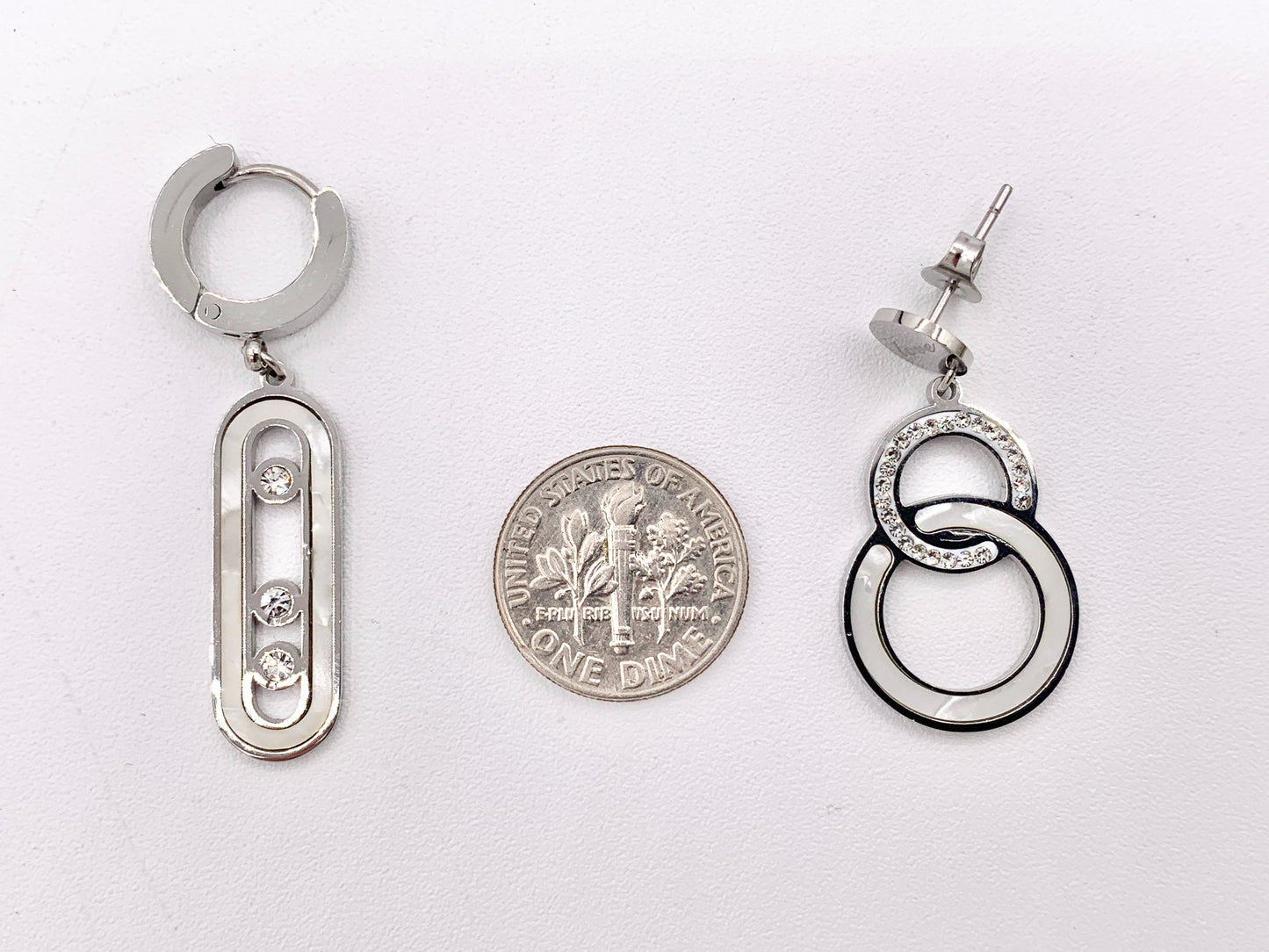 Stainless Steel Shell Acetate Double Circle Loop Oval Paperclip Earring Dangle Huggies in Silver plated Stainless Steel 3 pairs