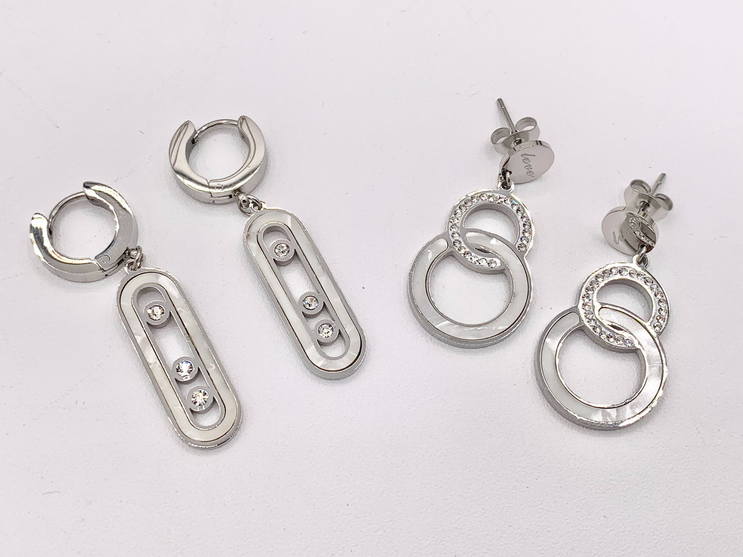 Stainless Steel Shell Acetate Double Circle Loop Oval Paperclip Earring Dangle Huggies in Silver plated Stainless Steel 3 pairs