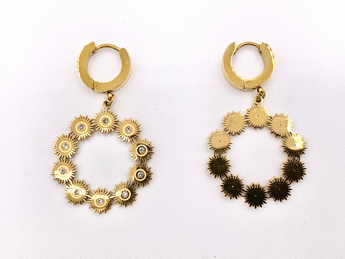 Stainless Steel Sunburst Circle Earring Dangle Huggies in 18K Gold plated Stainless Steel 3 pairs
