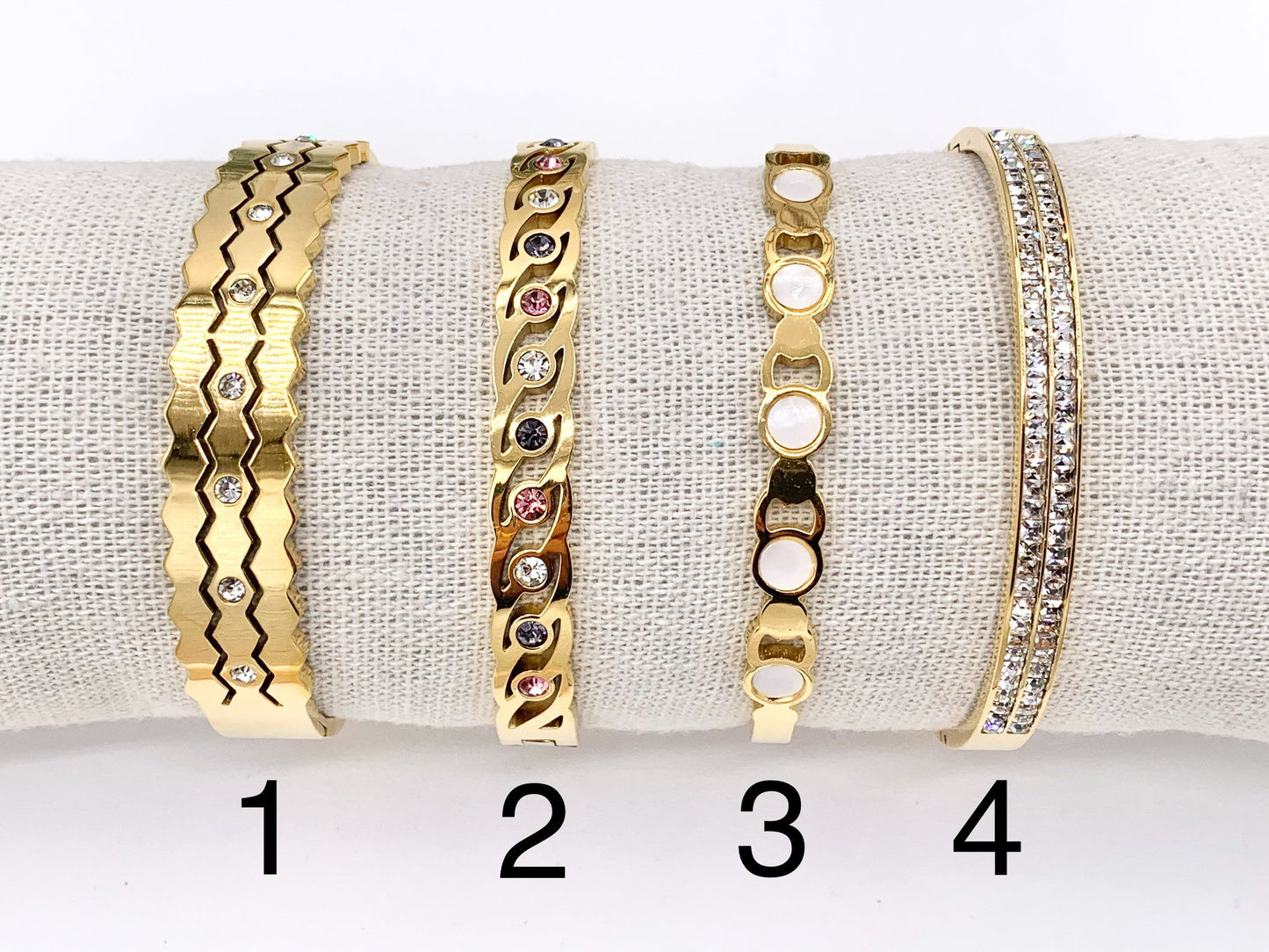 7 " Stainless Steel Bracelets CZ Multi Shell Acetate White Twist Coin Rhinestone Close Bangles in 18K Gold plated Stainless Steel 2pcs