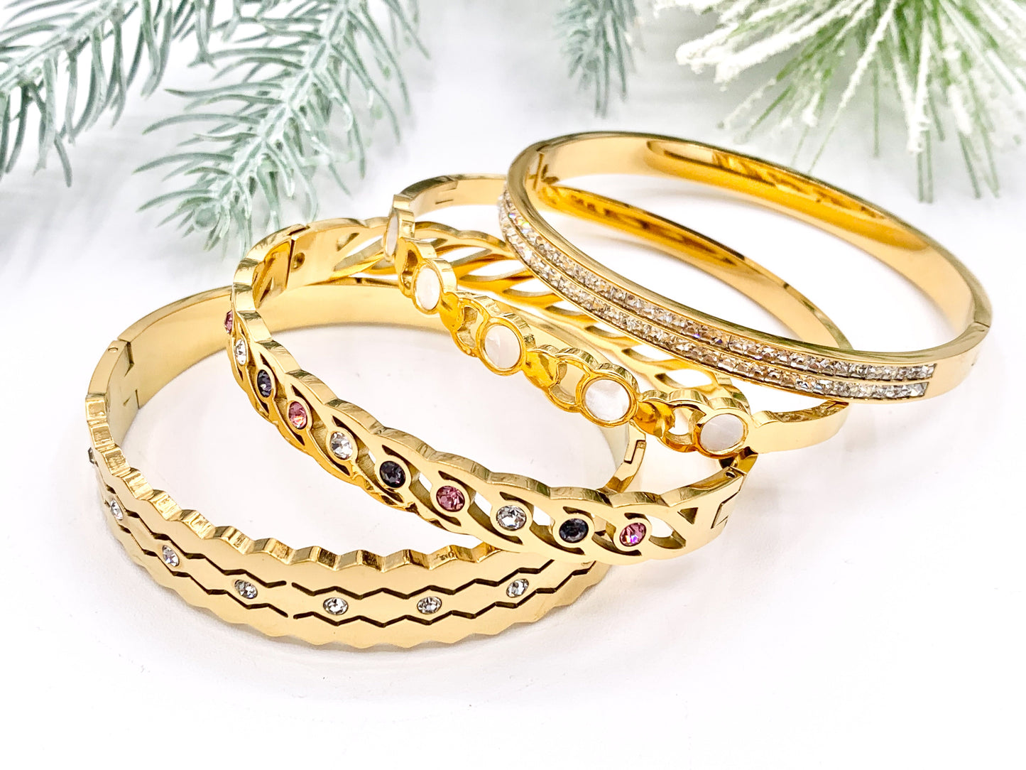 7 " Stainless Steel Bracelets CZ Multi Shell Acetate White Twist Coin Rhinestone Close Bangles in 18K Gold plated Stainless Steel 2pcs
