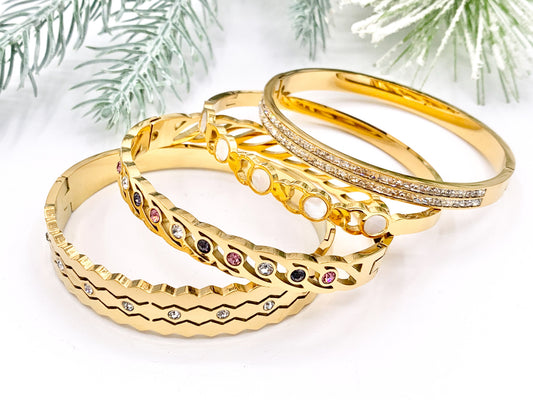 7 " Stainless Steel Bracelets CZ Multi Shell Acetate White Twist Coin Rhinestone Close Bangles in 18K Gold plated Stainless Steel 2pcs