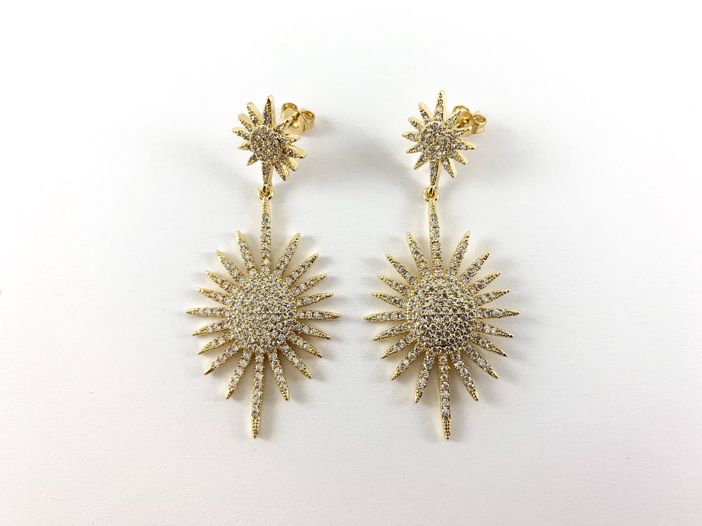 Real 18K Gold/Platinum Plated Full CZ Pave Sunburst Starburst Dangle Earring Over Copper 1pair