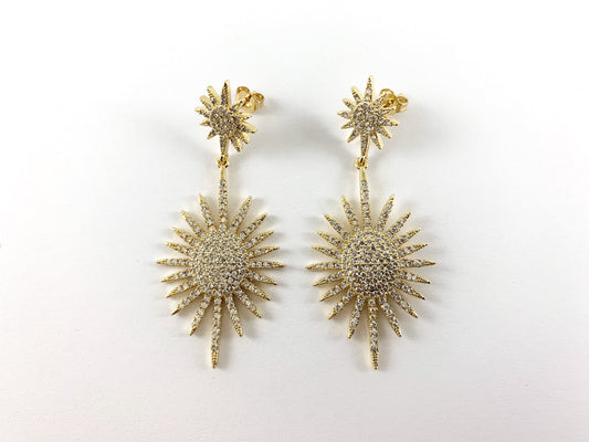 Real 18K Gold/Platinum Plated Full CZ Pave Sunburst Starburst Dangle Earring Over Copper 1pair
