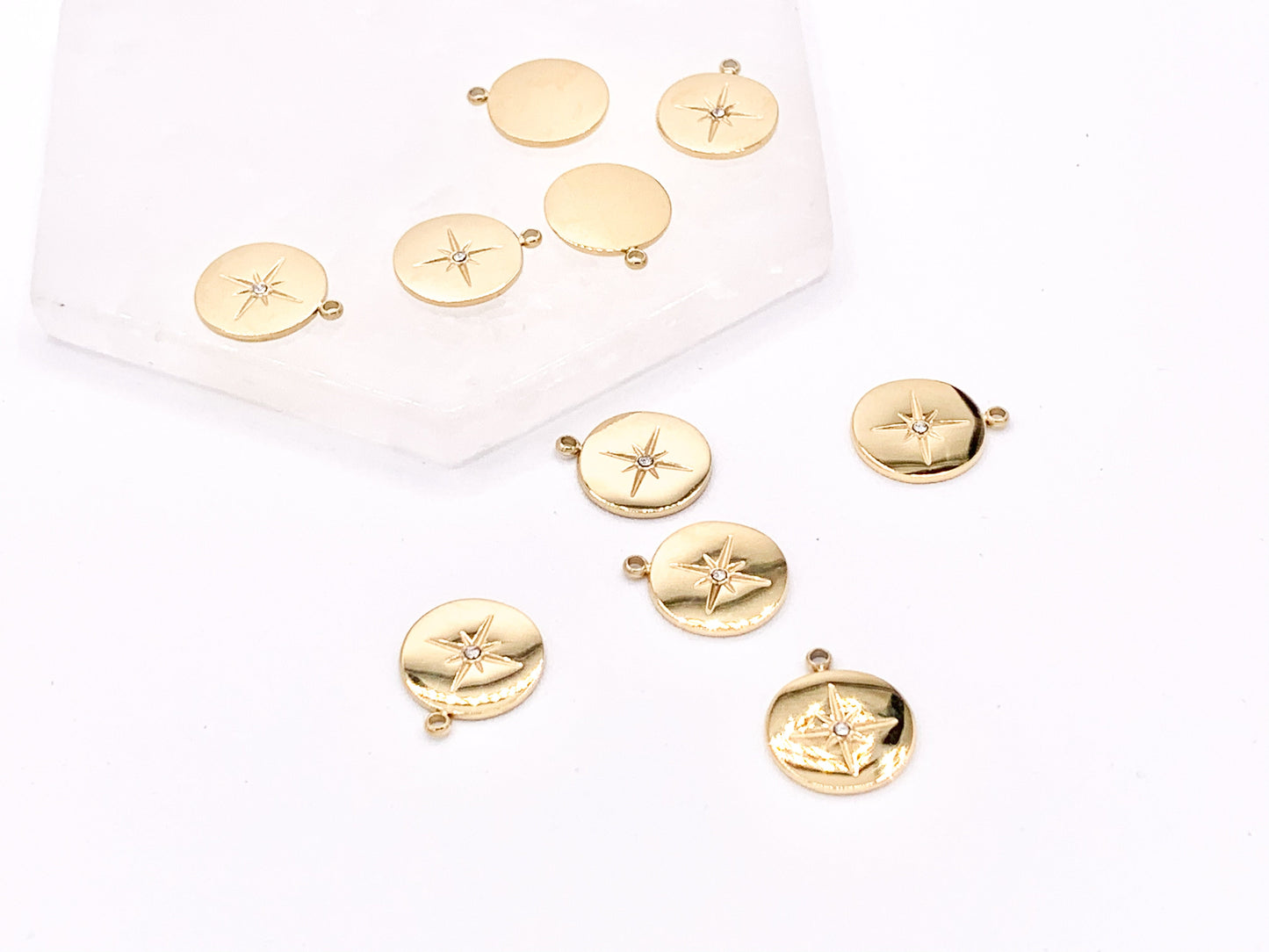 Adorable Starburst Coin Circle Charms with CZ Pave in 18K Gold plated Copper 10 pcs