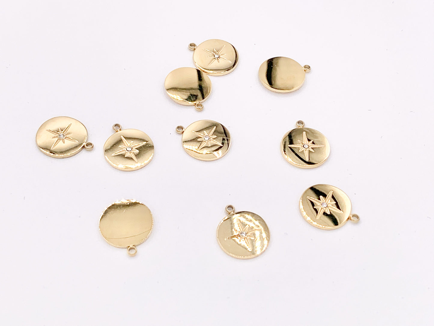 Adorable Starburst Coin Circle Charms with CZ Pave in 18K Gold plated Copper 10 pcs